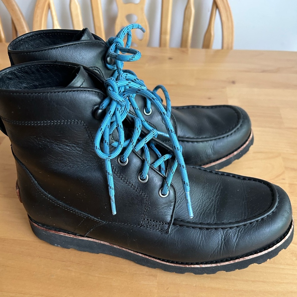 Men’s UGG Black Leather Boots with Blue Laces
